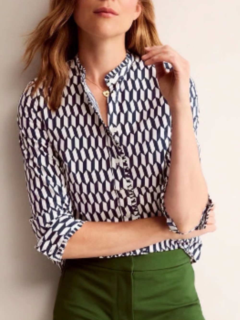 Boden Phoebe Geometric Print Cotton Button-Front Shirt in Navy and White
